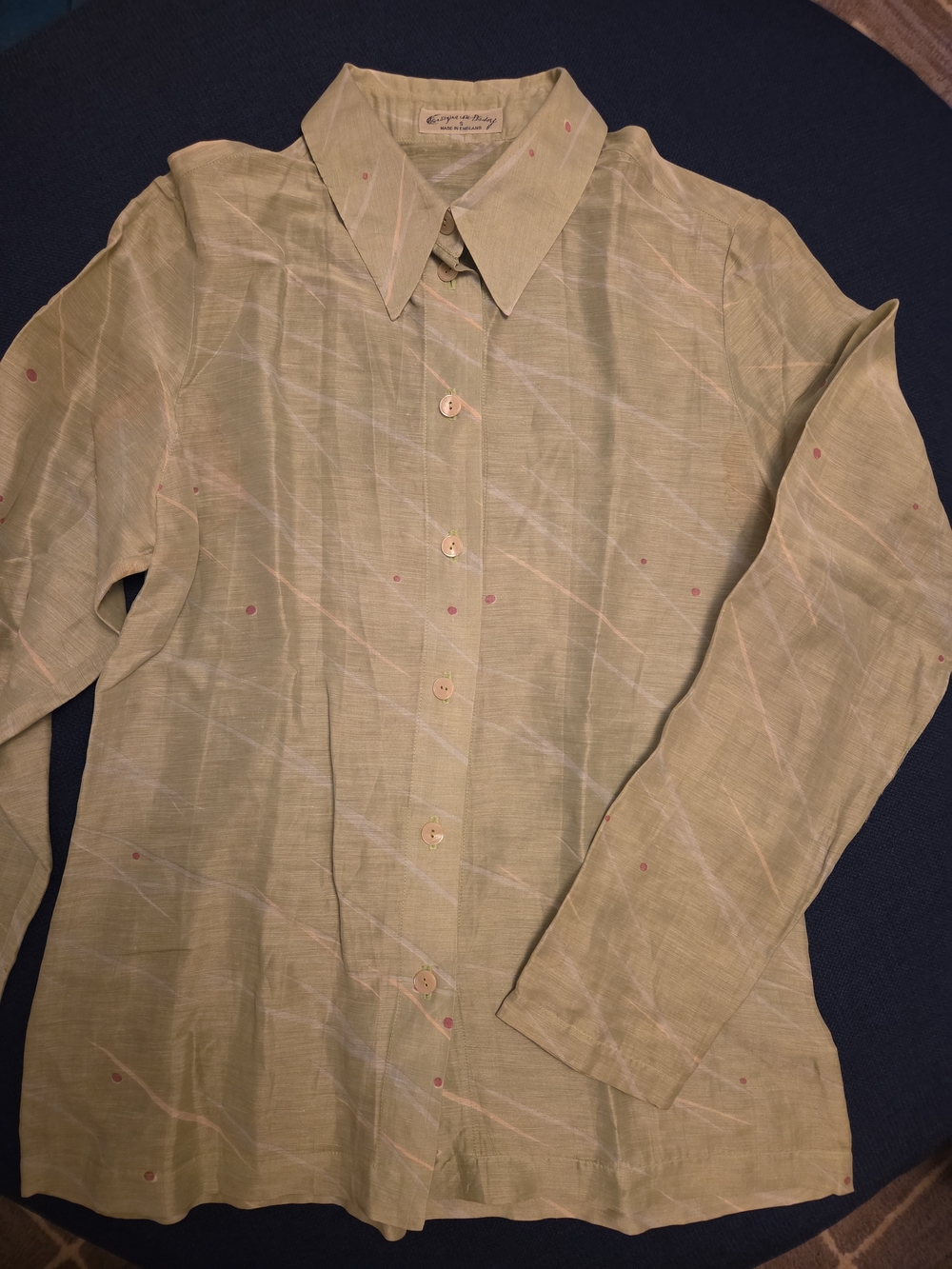 Vintage Eugene de Pontigny Linen Silk Blouse Sage Green Abstract Print England